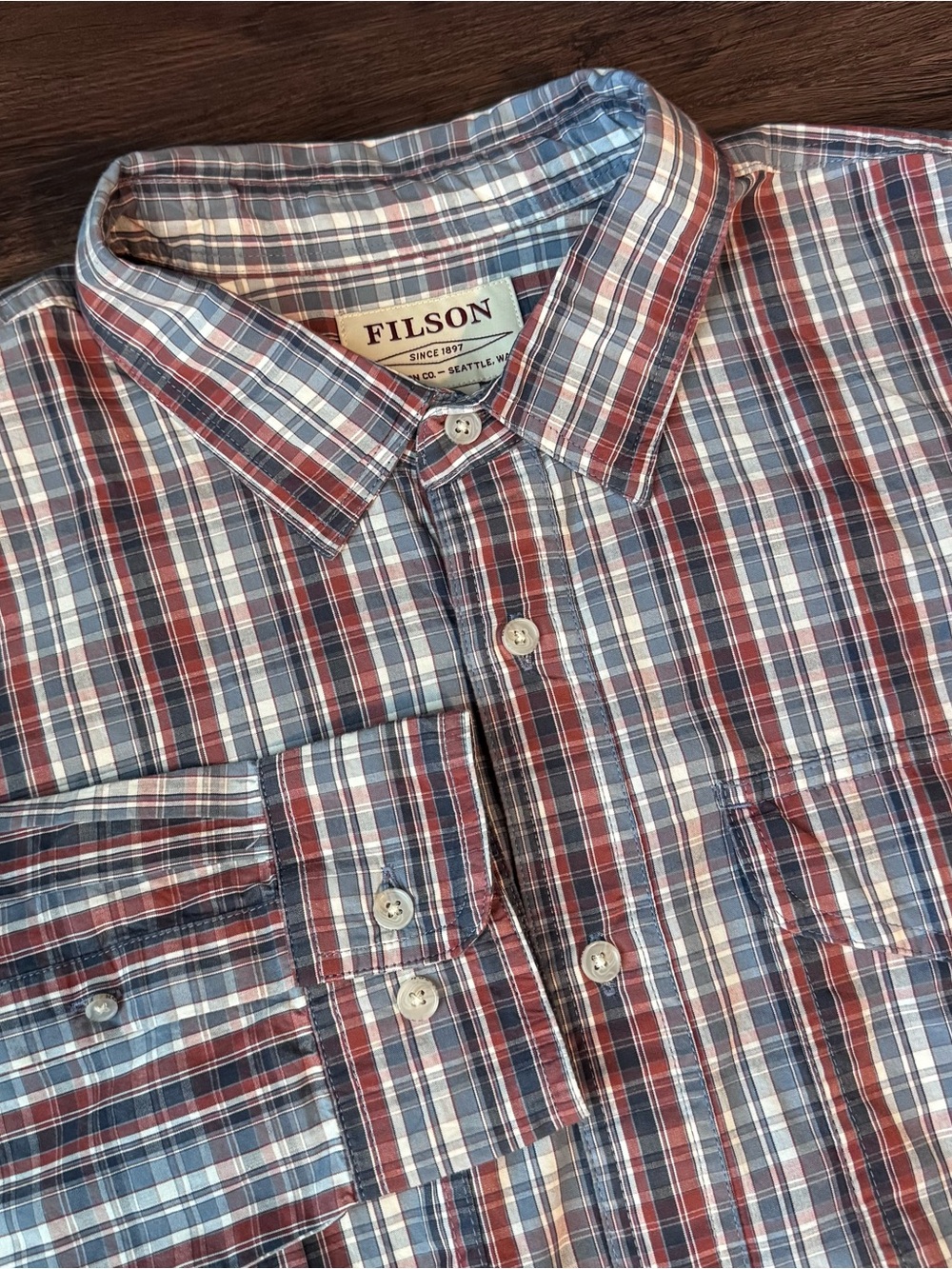 Filson Men’s Shirt Washed Feather Cloth Long Sleeve Button Large Plaid Cotton